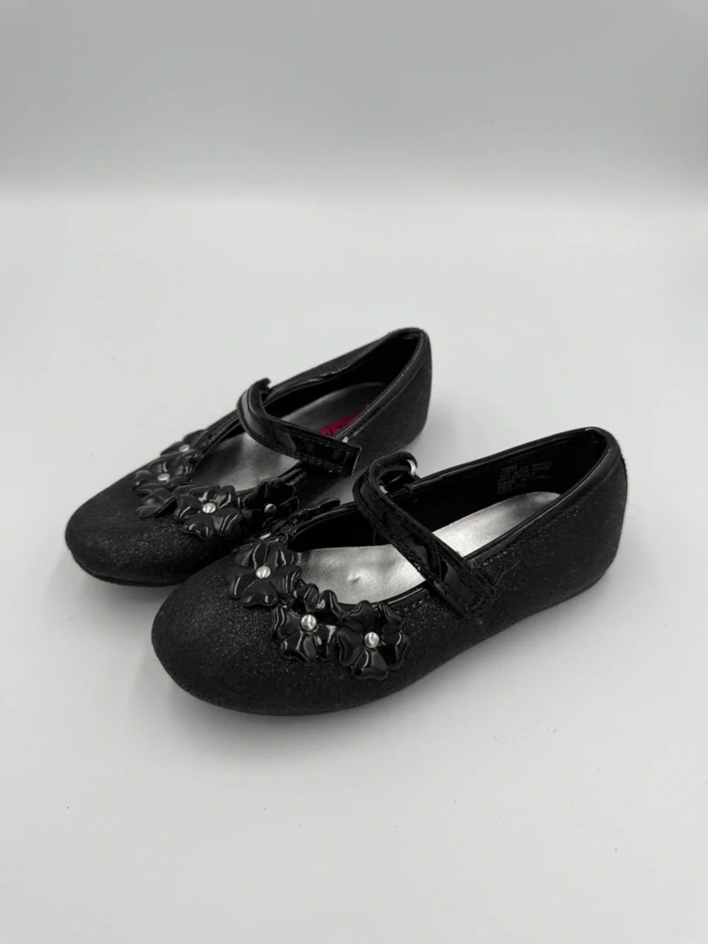 Rachel Shoes Toddler Girls 10 Formal Black Glitter Mary Jane Flats Floral Trim